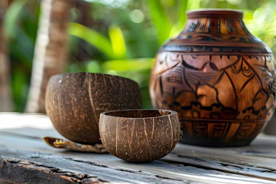 Traditional kava bowl and coconut shell cup in Vanuatu.