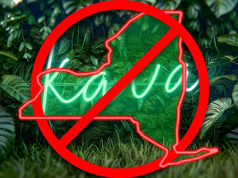 Neon Kava sign with an outline of New York state and a No Symbol superimposed over it