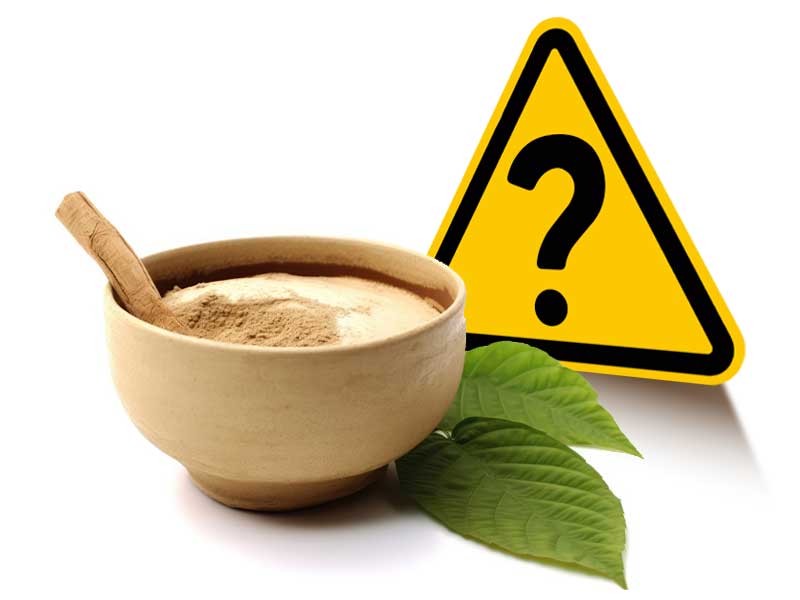Bowl of powdered kava with a yield sign displaying a question mark