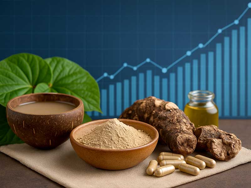 Kava root, leaf, and extracts in front of chart illustrating the growth of the kava market